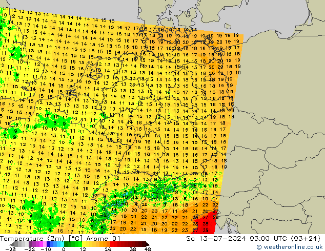 Temperatuurkaart (2m) Arome 01 za 13.07.2024 03 UTC