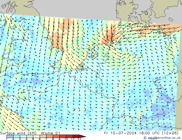 Wind 10 m (bft) Arome 01 vr 12.07.2024 18 UTC