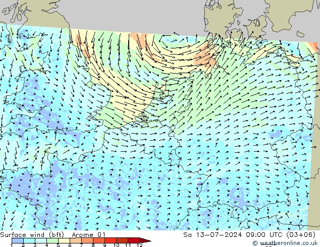 Wind 10 m (bft) Arome 01 za 13.07.2024 09 UTC