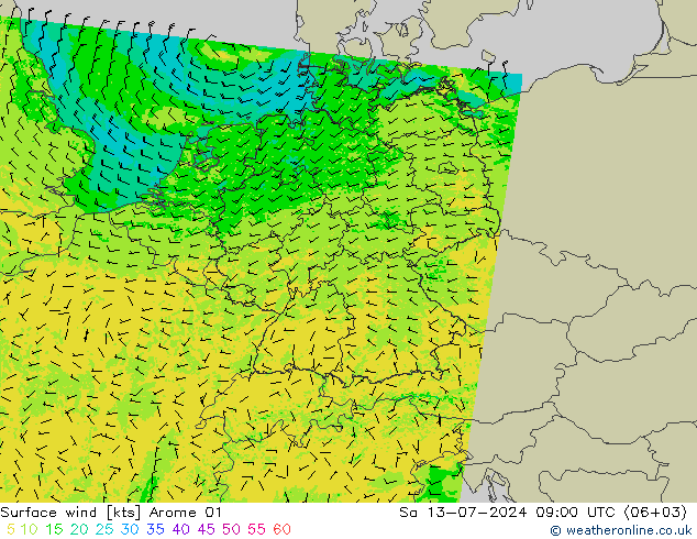 Wind 10 m Arome 01 za 13.07.2024 09 UTC