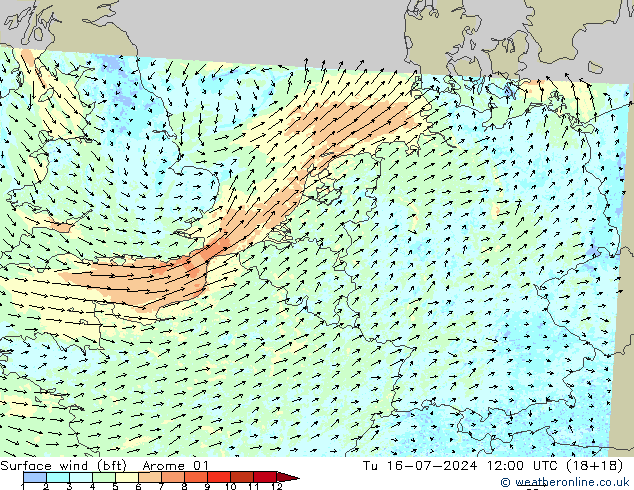 Wind 10 m (bft) Arome 01 di 16.07.2024 12 UTC