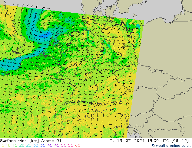 风 10 米 Arome 01 星期二 16.07.2024 18 UTC