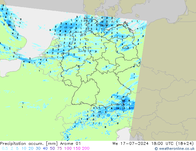 Precipitation accum. Arome 01 星期三 17.07.2024 18 UTC