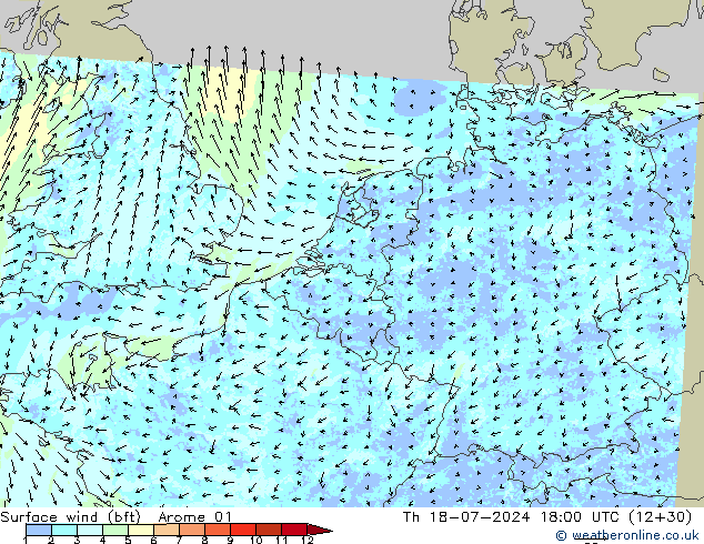 Wind 10 m (bft) Arome 01 do 18.07.2024 18 UTC