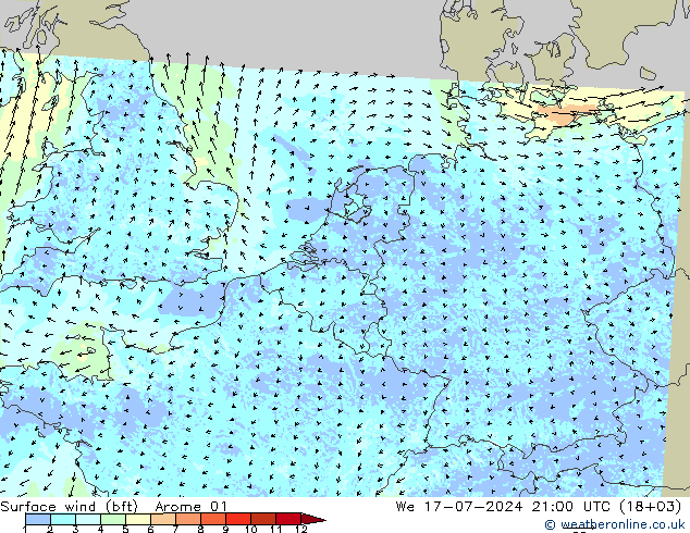 Wind 10 m (bft) Arome 01 wo 17.07.2024 21 UTC