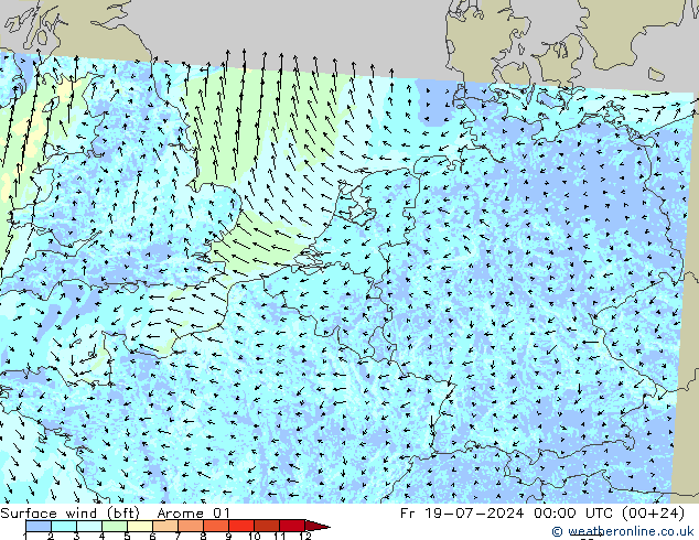Wind 10 m (bft) Arome 01 vr 19.07.2024 00 UTC