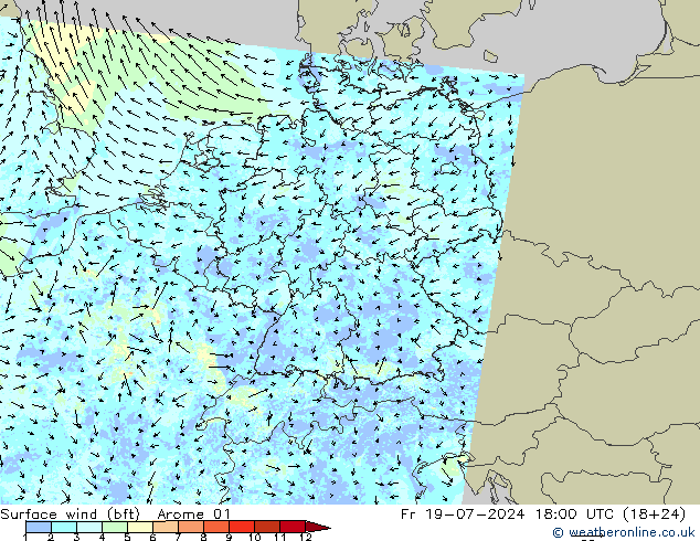 Wind 10 m (bft) Arome 01 vr 19.07.2024 18 UTC