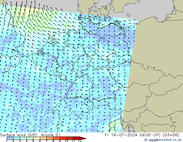 Wind 10 m (bft) Arome 01 vr 19.07.2024 09 UTC