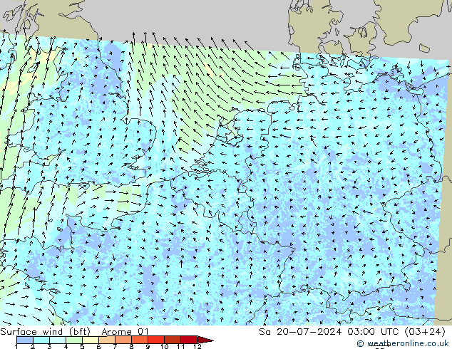 Wind 10 m (bft) Arome 01 za 20.07.2024 03 UTC