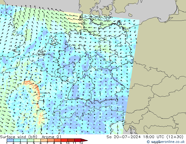 Wind 10 m (bft) Arome 01 za 20.07.2024 18 UTC