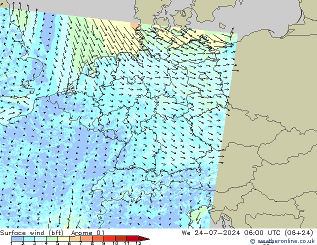 Wind 10 m (bft) Arome 01 wo 24.07.2024 06 UTC