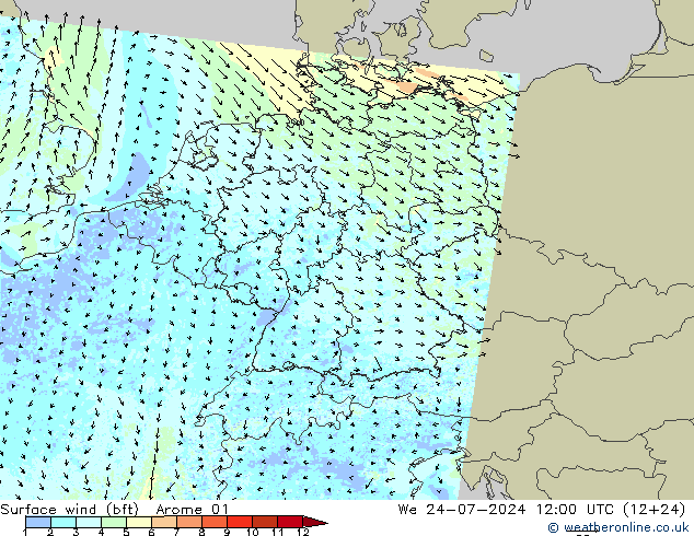 Wind 10 m (bft) Arome 01 wo 24.07.2024 12 UTC