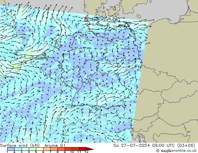 �N 10 米 (bft) Arome 01 星期六 27.07.2024 09 UTC