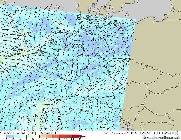 Wind 10 m (bft) Arome 01 za 27.07.2024 12 UTC