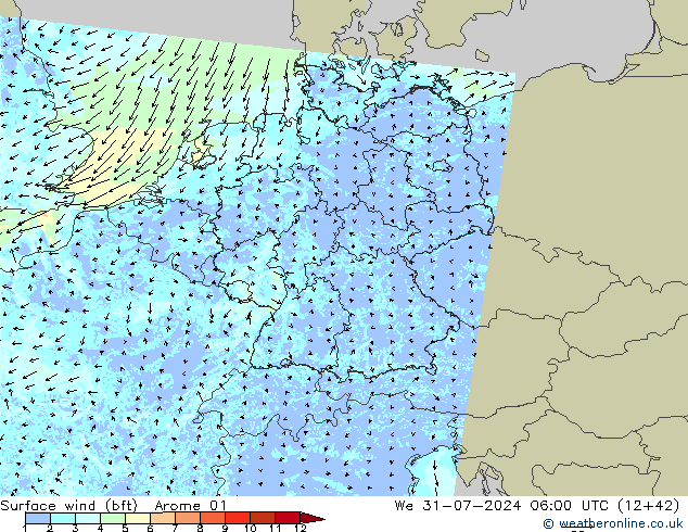 Wind 10 m (bft) Arome 01 wo 31.07.2024 06 UTC