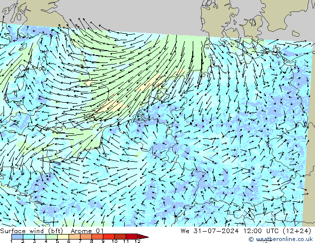 Wind 10 m (bft) Arome 01 wo 31.07.2024 12 UTC