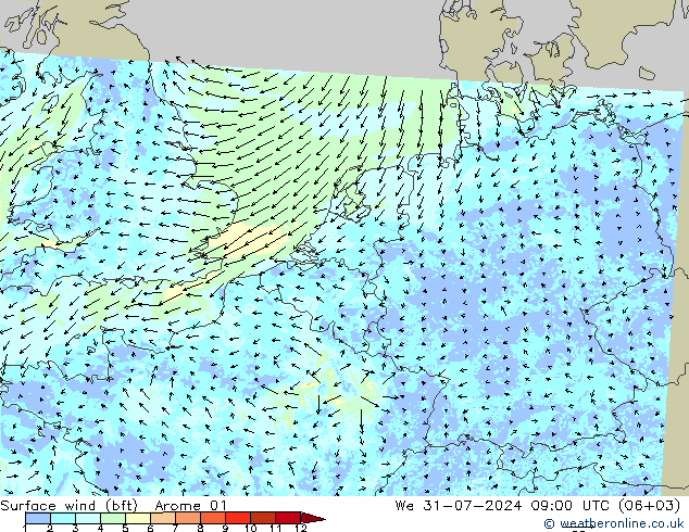 Wind 10 m (bft) Arome 01 wo 31.07.2024 09 UTC