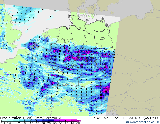 降水量 (12h) Arome 01 星期五 02.08.2024 00 UTC