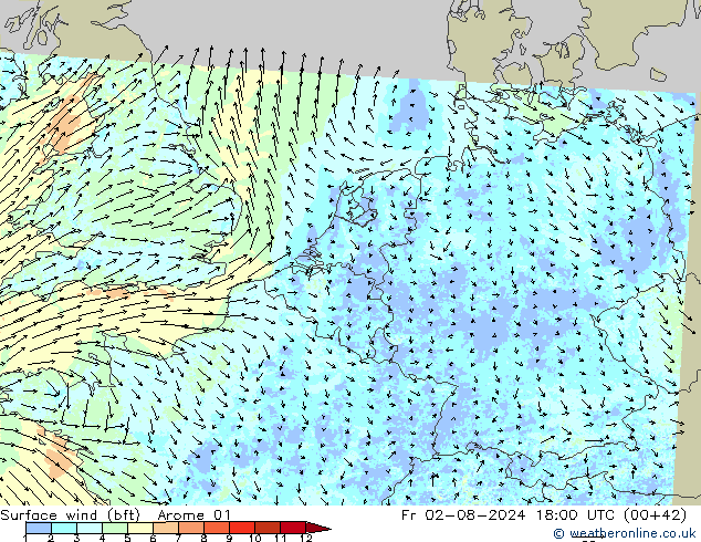 �N 10 米 (bft) Arome 01 星期五 02.08.2024 18 UTC