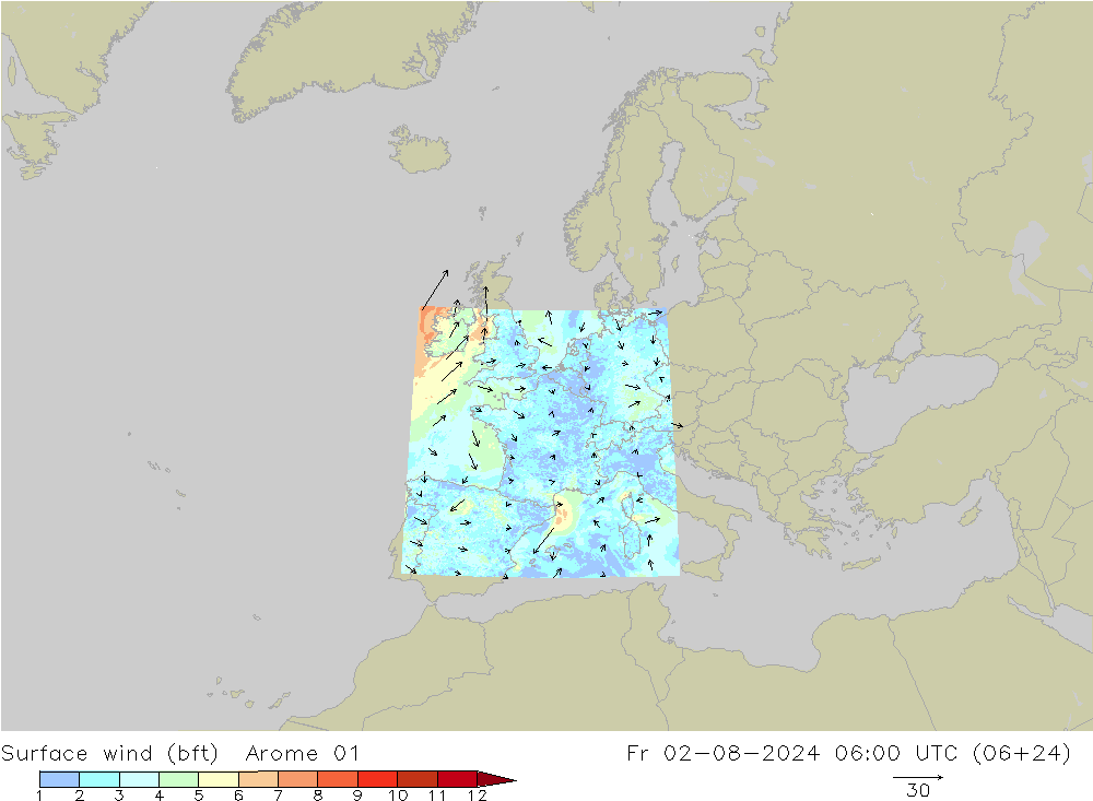 �N 10 米 (bft) Arome 01 星期五 02.08.2024 06 UTC