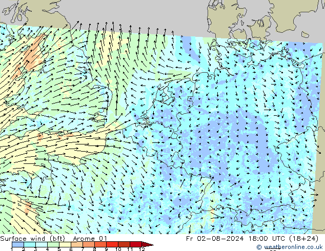 Wind 10 m (bft) Arome 01 vr 02.08.2024 18 UTC