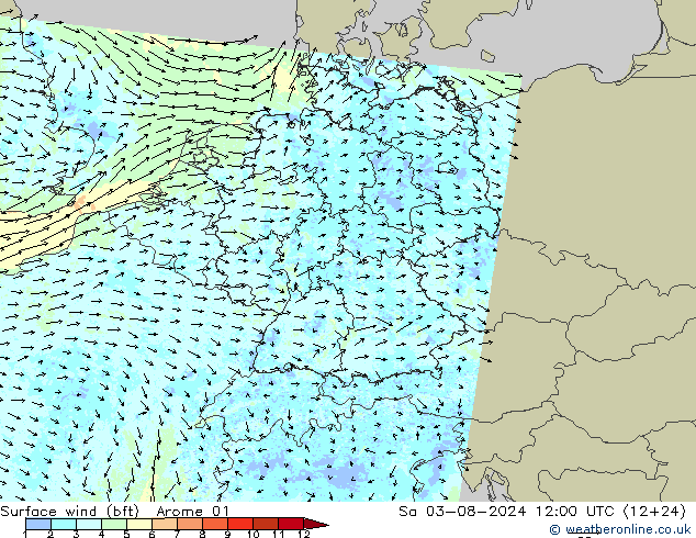 Wind 10 m (bft) Arome 01 za 03.08.2024 12 UTC