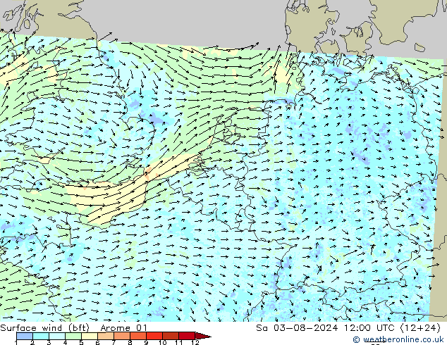 �N 10 米 (bft) Arome 01 星期六 03.08.2024 12 UTC