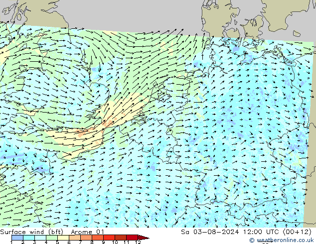 Wind 10 m (bft) Arome 01 za 03.08.2024 12 UTC