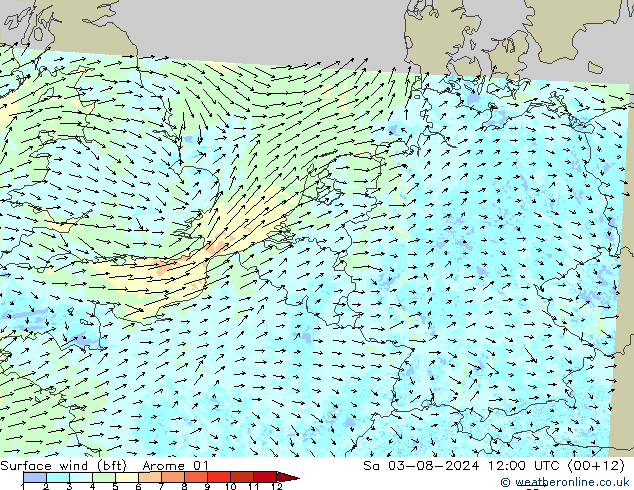 �N 10 米 (bft) Arome 01 星期六 03.08.2024 12 UTC