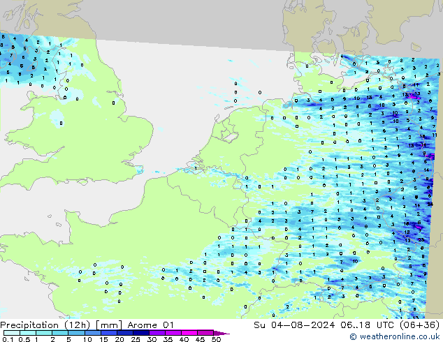 Totale neerslag (12h) Arome 01 zo 04.08.2024 18 UTC