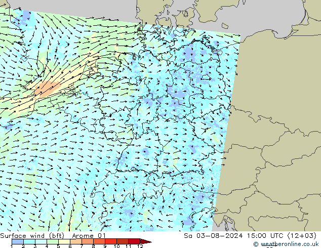 �N 10 米 (bft) Arome 01 星期六 03.08.2024 15 UTC