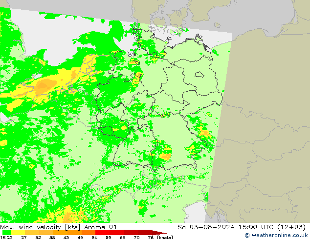 Max. wind velocity Arome 01 星期六 03.08.2024 15 UTC