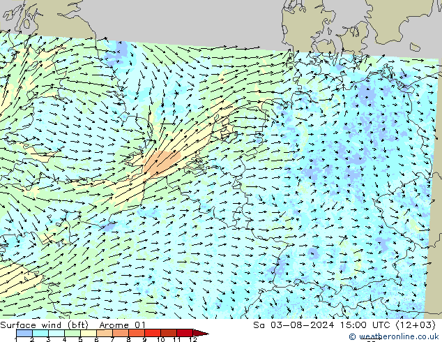 Wind 10 m (bft) Arome 01 za 03.08.2024 15 UTC