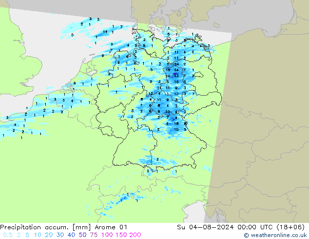 Totale neerslag Arome 01 zo 04.08.2024 00 UTC