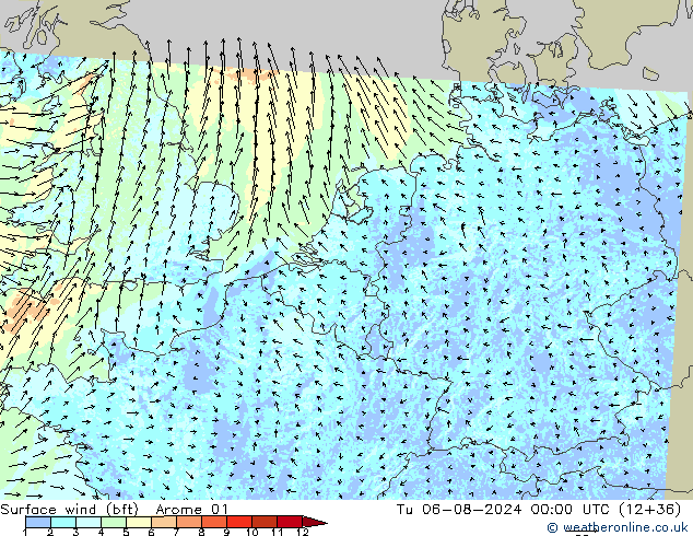 Wind 10 m (bft) Arome 01 di 06.08.2024 00 UTC