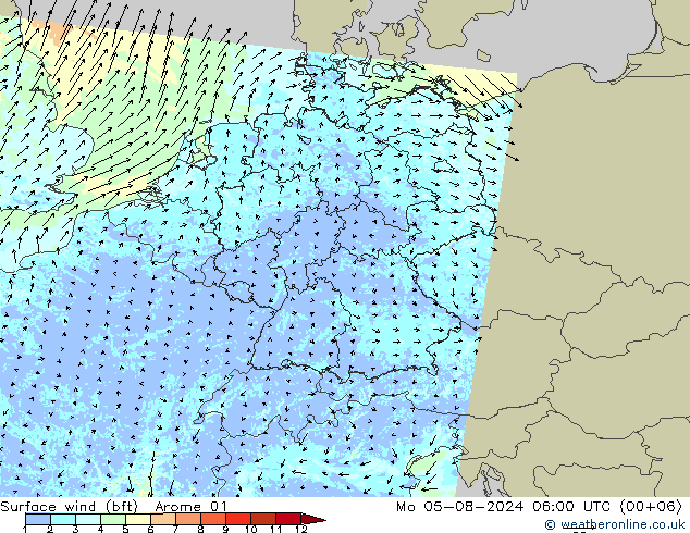 �N 10 米 (bft) Arome 01 星期一 05.08.2024 06 UTC