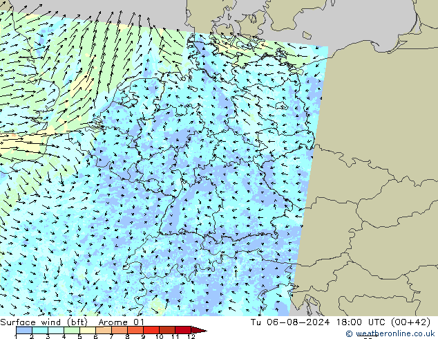 Wind 10 m (bft) Arome 01 di 06.08.2024 18 UTC