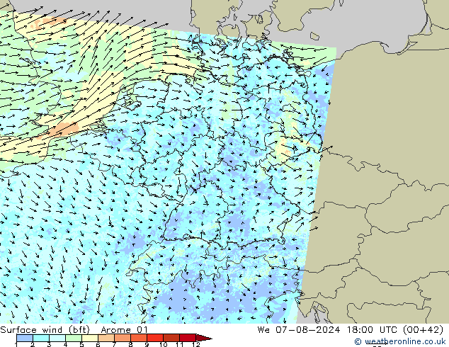 Wind 10 m (bft) Arome 01 wo 07.08.2024 18 UTC