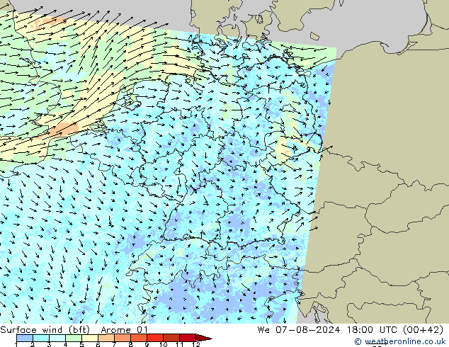 �N 10 米 (bft) Arome 01 星期三 07.08.2024 18 UTC