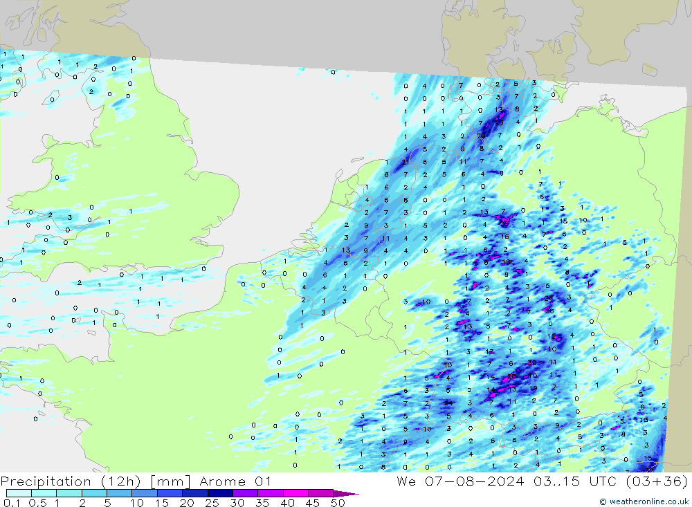 降水量 (12h) Arome 01 星期三 07.08.2024 15 UTC
