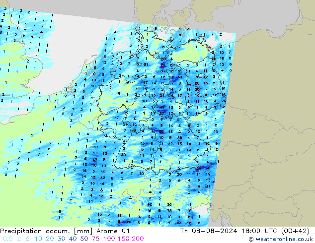 Totale neerslag Arome 01 do 08.08.2024 18 UTC