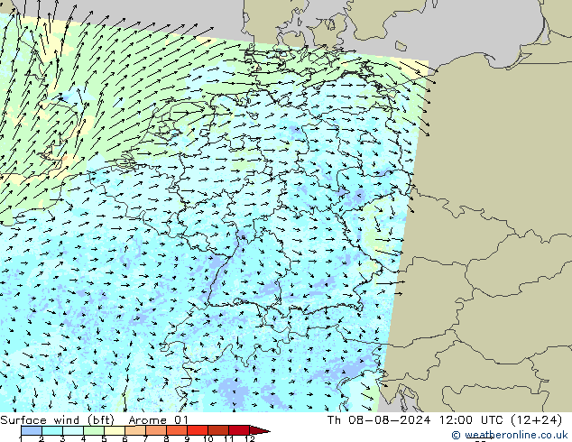 Wind 10 m (bft) Arome 01 do 08.08.2024 12 UTC