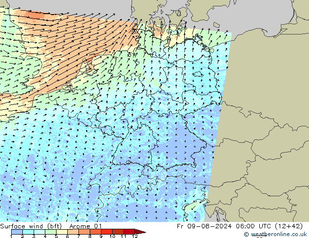 Wind 10 m (bft) Arome 01 vr 09.08.2024 06 UTC