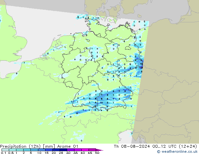 Totale neerslag (12h) Arome 01 do 08.08.2024 12 UTC