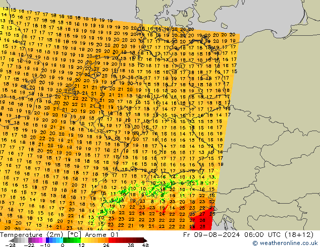 Temperatuurkaart (2m) Arome 01 vr 09.08.2024 06 UTC