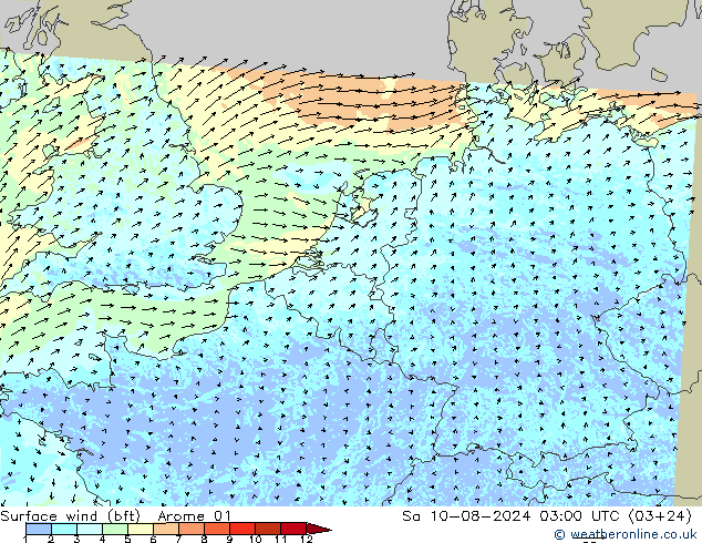 �N 10 米 (bft) Arome 01 星期六 10.08.2024 03 UTC