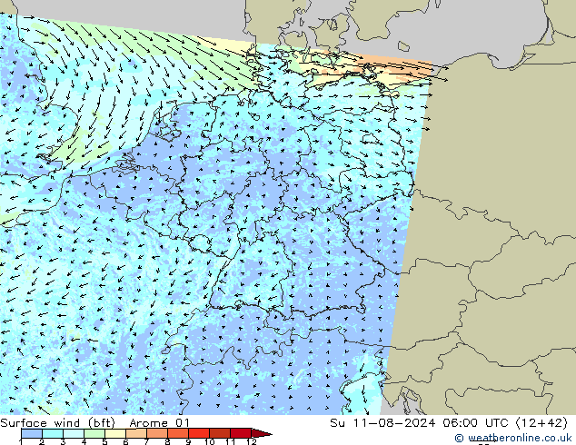 �N 10 米 (bft) Arome 01 星期日 11.08.2024 06 UTC