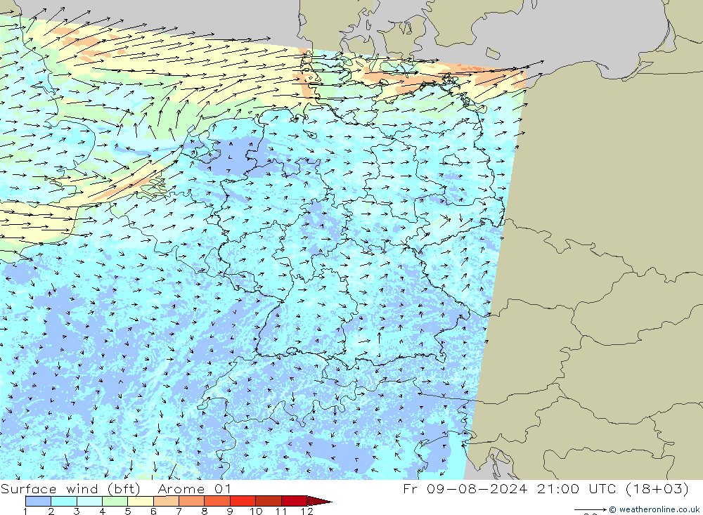 �N 10 米 (bft) Arome 01 星期五 09.08.2024 21 UTC