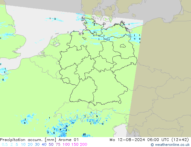 Precipitation accum. Arome 01 星期一 12.08.2024 06 UTC