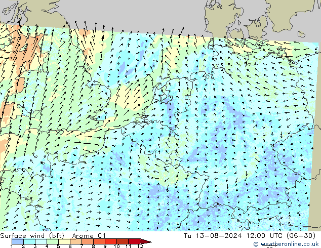 Wind 10 m (bft) Arome 01 di 13.08.2024 12 UTC